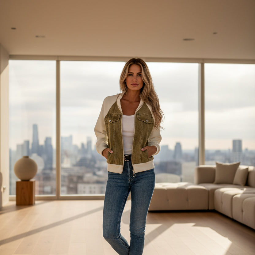 Veste en jean patchwork tendance à capuche pour femme