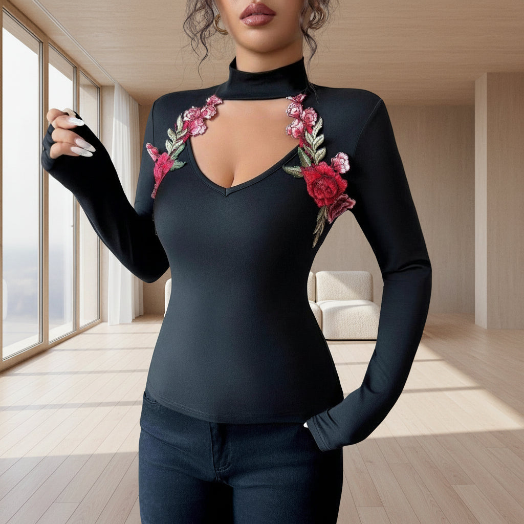 Body ajusté à col en V avec découpe et broderies florales pour femme