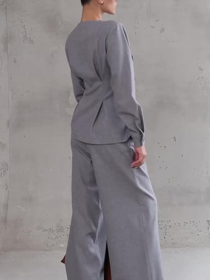 Ensemble Gris Perle 2 Pièces : Top Asymétrique Boutonné et Pantalon Large