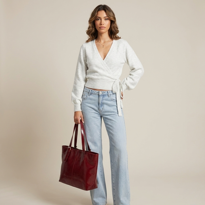 Haut cache-cœur femme à col V croisé avec lien asymétrique – Coupe élégante et moderne