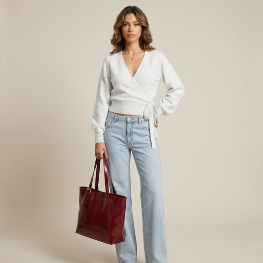 Haut cache-cœur femme à col V croisé avec lien asymétrique – Coupe élégante et moderne